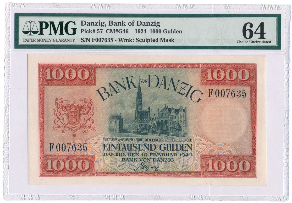 Banknot. Wolne Miasto Gdańsk 1.000 guldenów 1924 seria F PMG EPQ 64 - RZADKOŚĆ w idealnym stanie
